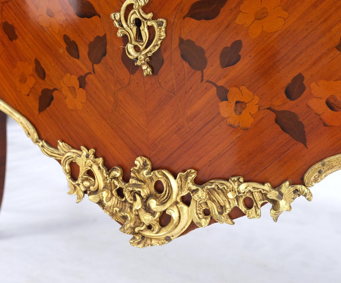 EstablishedLines French Inlay Brass Ormolu Bombay Dresser Console Cabinet Chest Marble Top