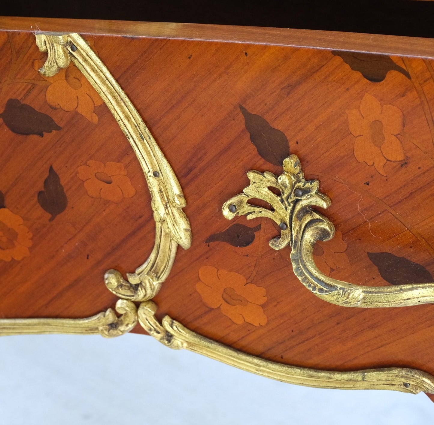 EstablishedLines French Inlay Brass Ormolu Bombay Dresser Console Cabinet Chest Marble Top