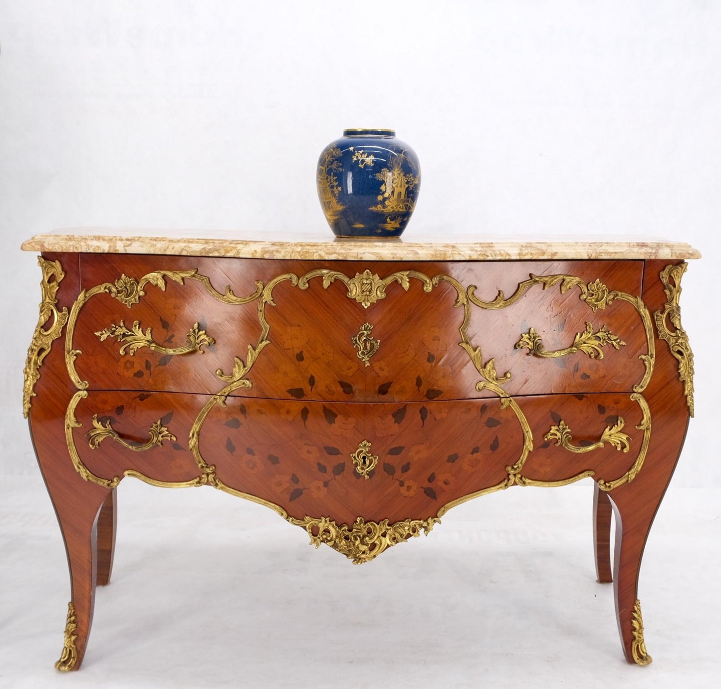 EstablishedLines French Inlay Brass Ormolu Bombay Dresser Console Cabinet Chest Marble Top