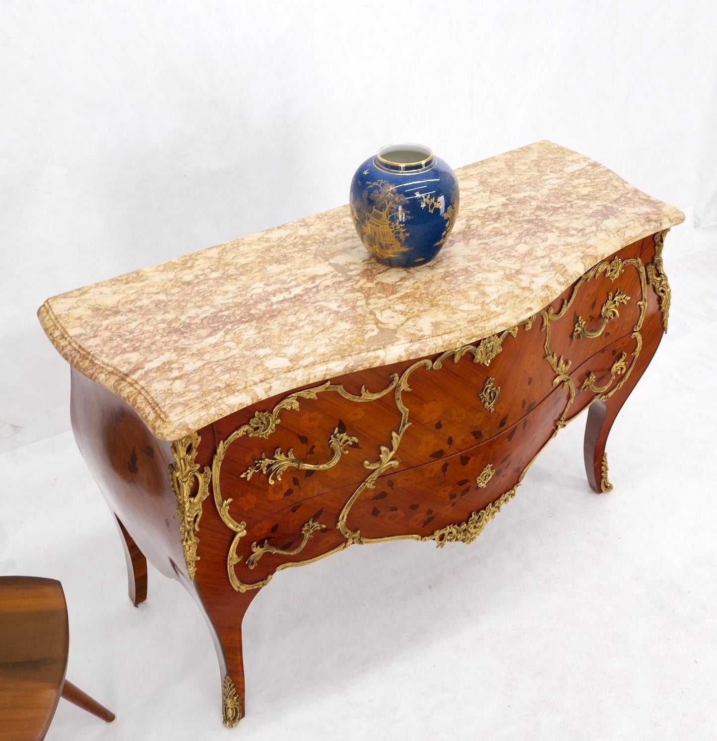 EstablishedLines French Inlay Brass Ormolu Bombay Dresser Console Cabinet Chest Marble Top