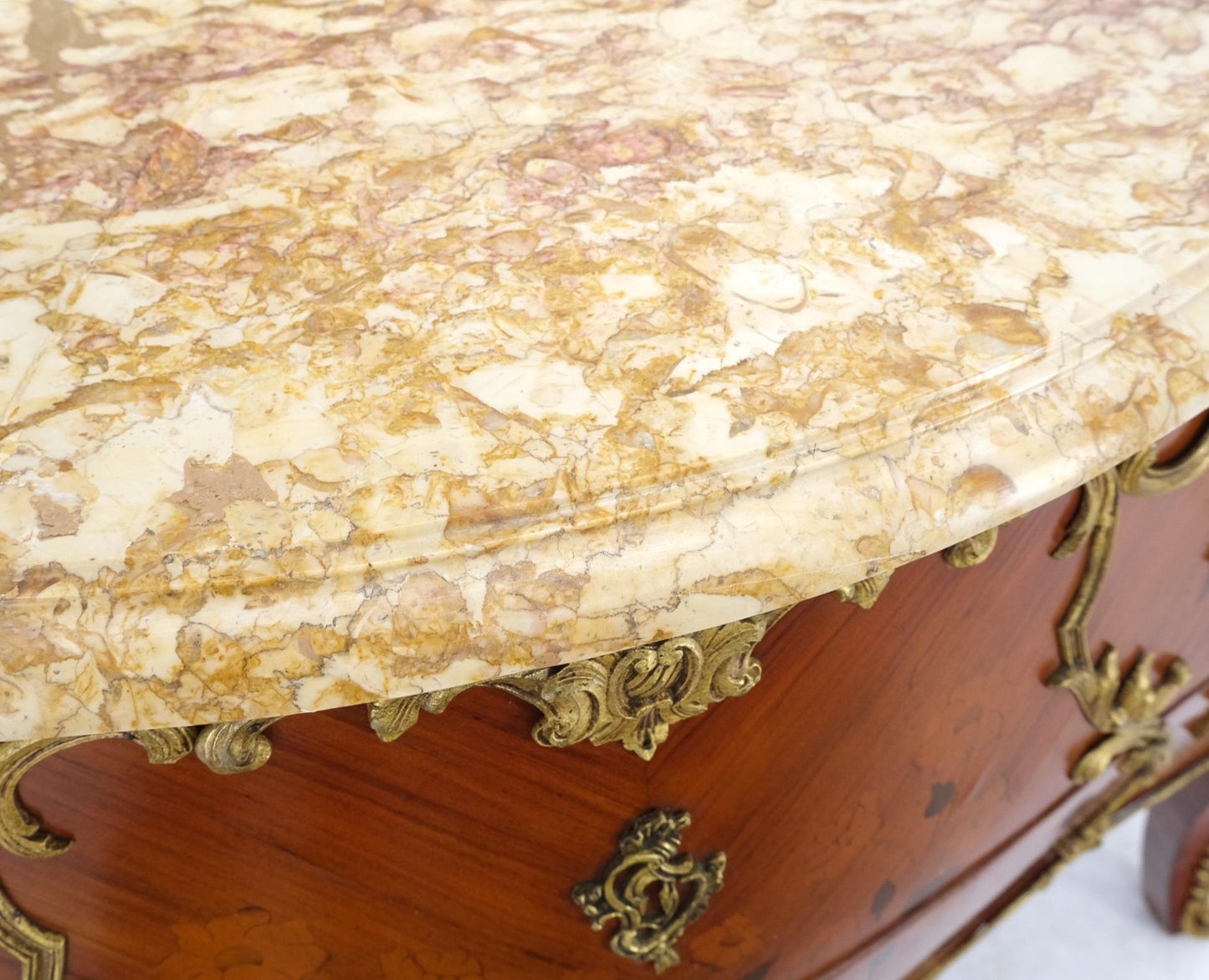 EstablishedLines French Inlay Brass Ormolu Bombay Dresser Console Cabinet Chest Marble Top