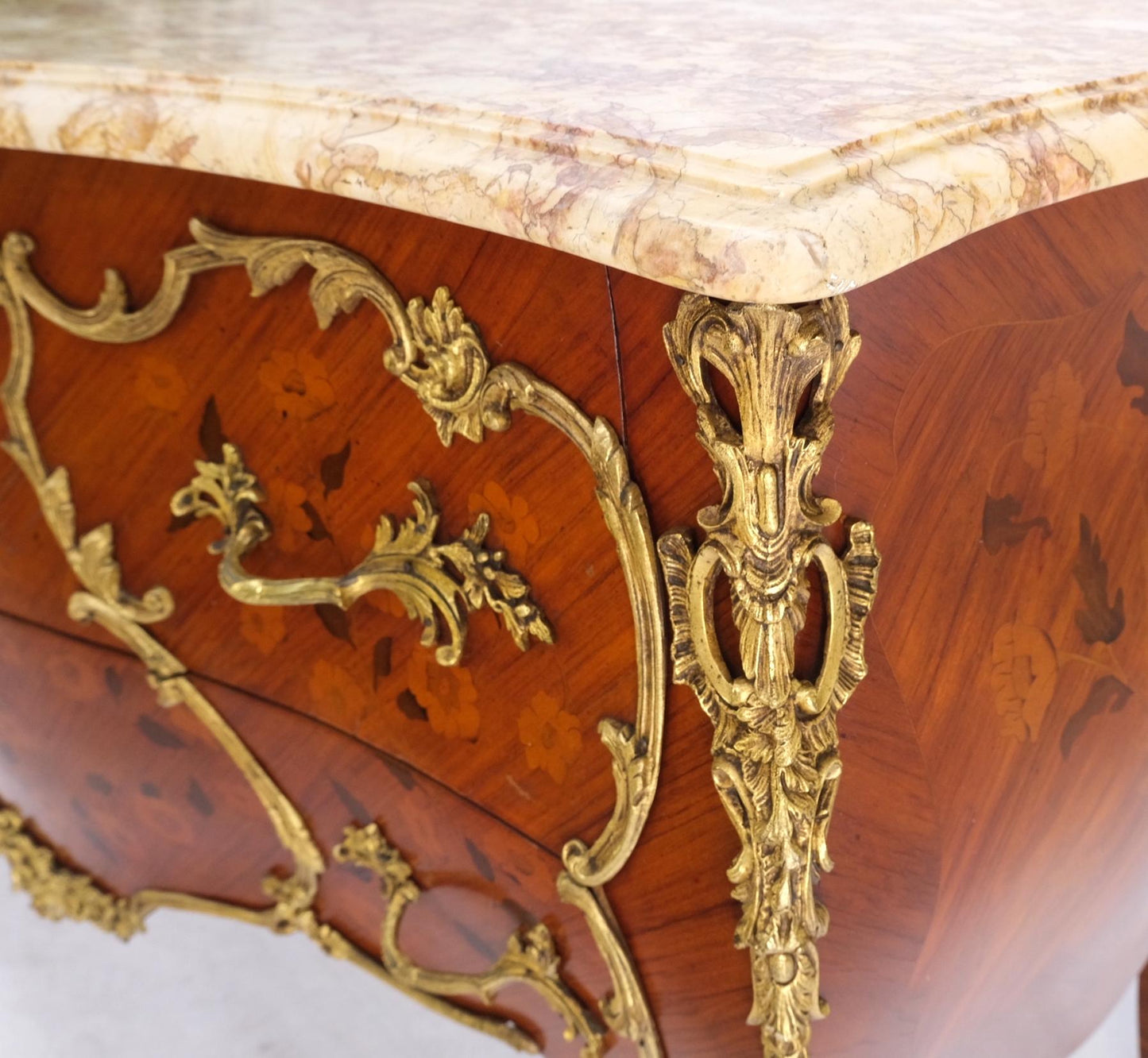 EstablishedLines French Inlay Brass Ormolu Bombay Dresser Console Cabinet Chest Marble Top