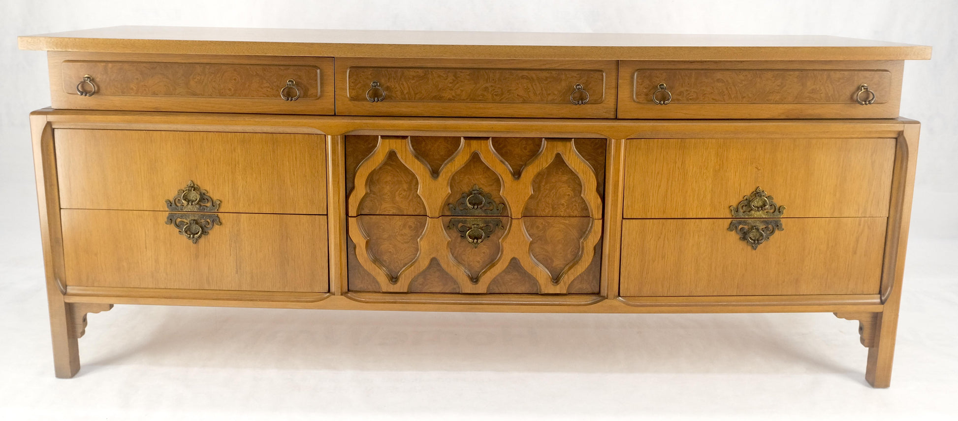 EstablishedLines Asian Inspired Light Walnut 9 Drawers Long Mid Century Dresser Credenza MINT!