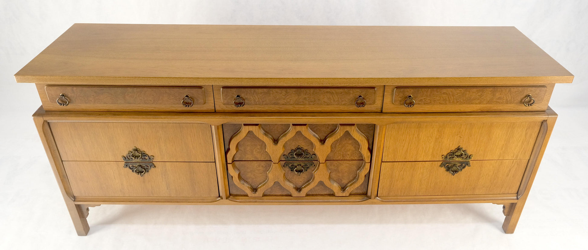 EstablishedLines Asian Inspired Light Walnut 9 Drawers Long Mid Century Dresser Credenza MINT!