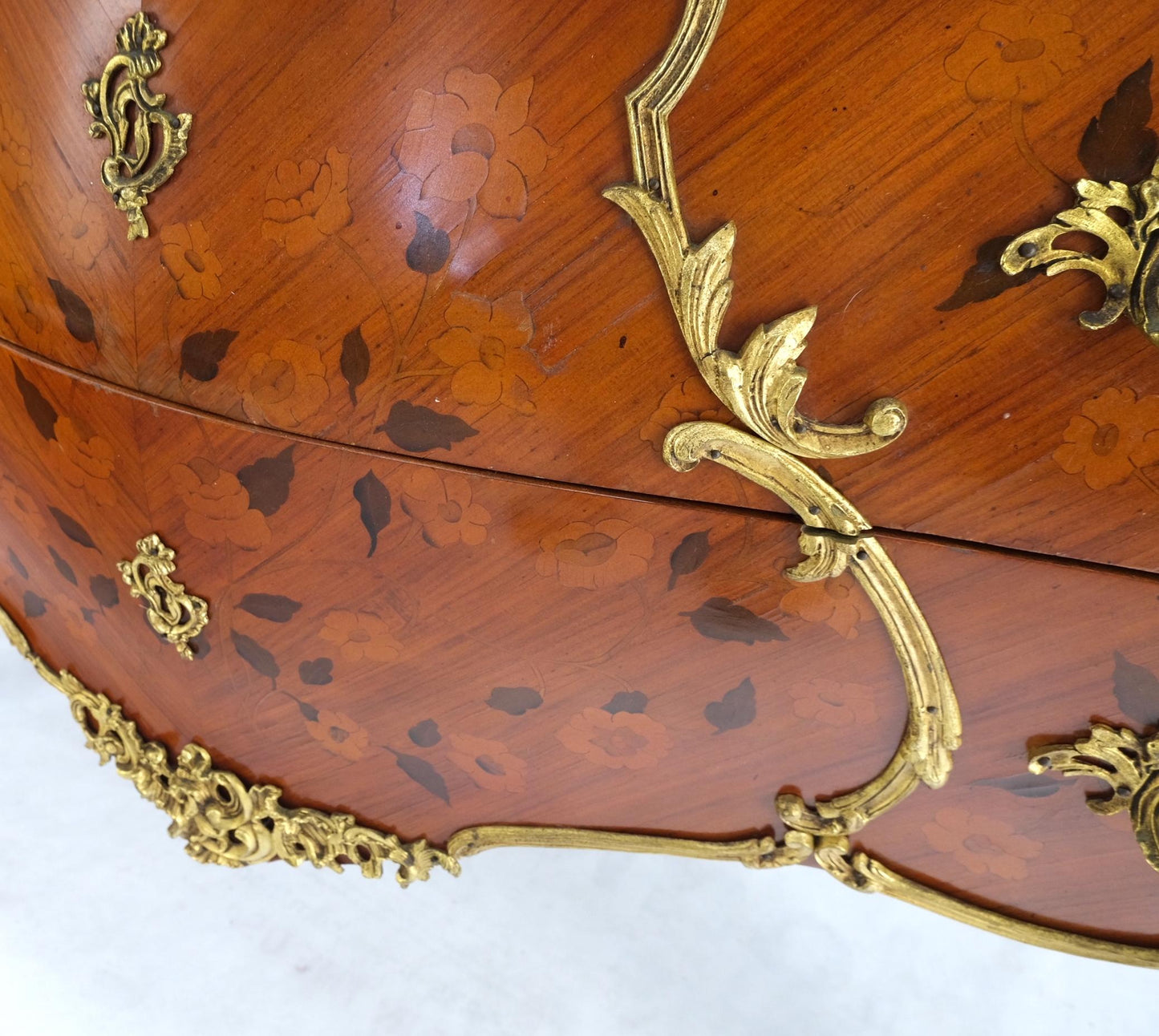 EstablishedLines French Inlay Brass Ormolu Bombay Dresser Console Cabinet Chest Marble Top