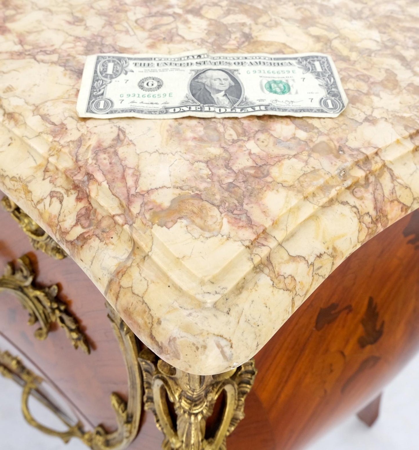 EstablishedLines French Inlay Brass Ormolu Bombay Dresser Console Cabinet Chest Marble Top