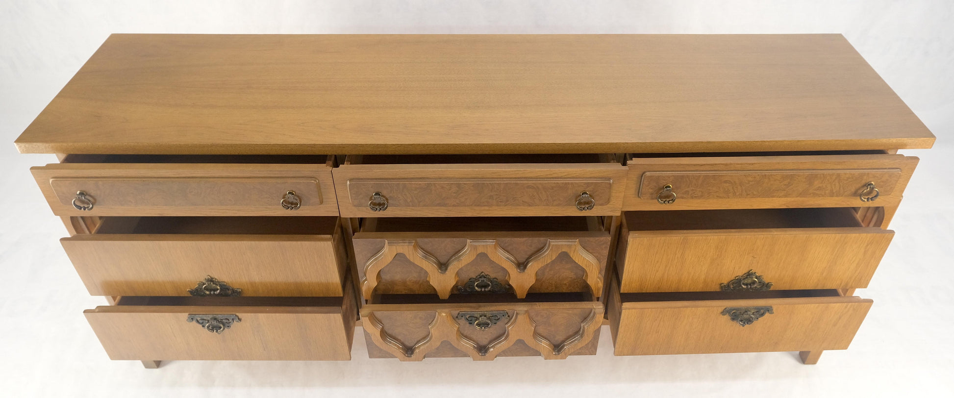 EstablishedLines Asian Inspired Light Walnut 9 Drawers Long Mid Century Dresser Credenza MINT!
