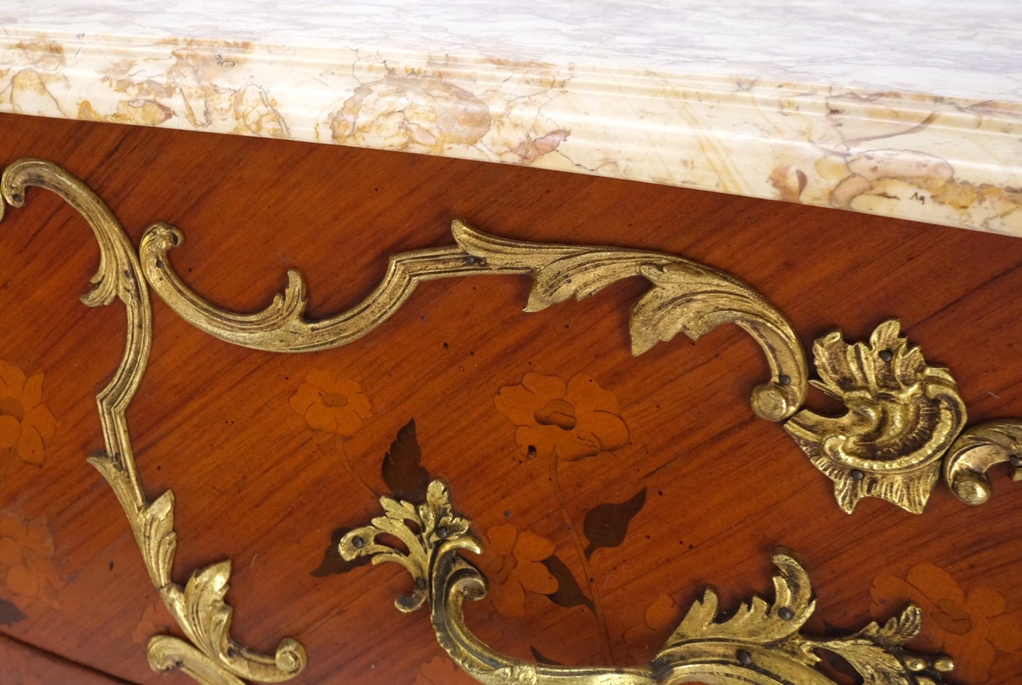 EstablishedLines French Inlay Brass Ormolu Bombay Dresser Console Cabinet Chest Marble Top