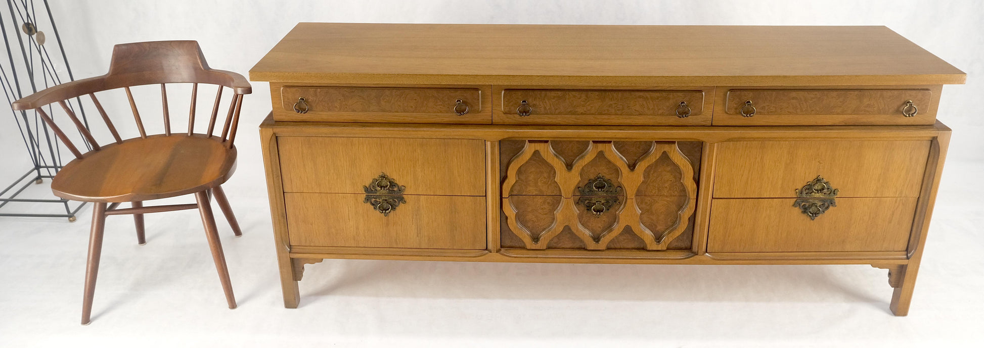 EstablishedLines Asian Inspired Light Walnut 9 Drawers Long Mid Century Dresser Credenza MINT!