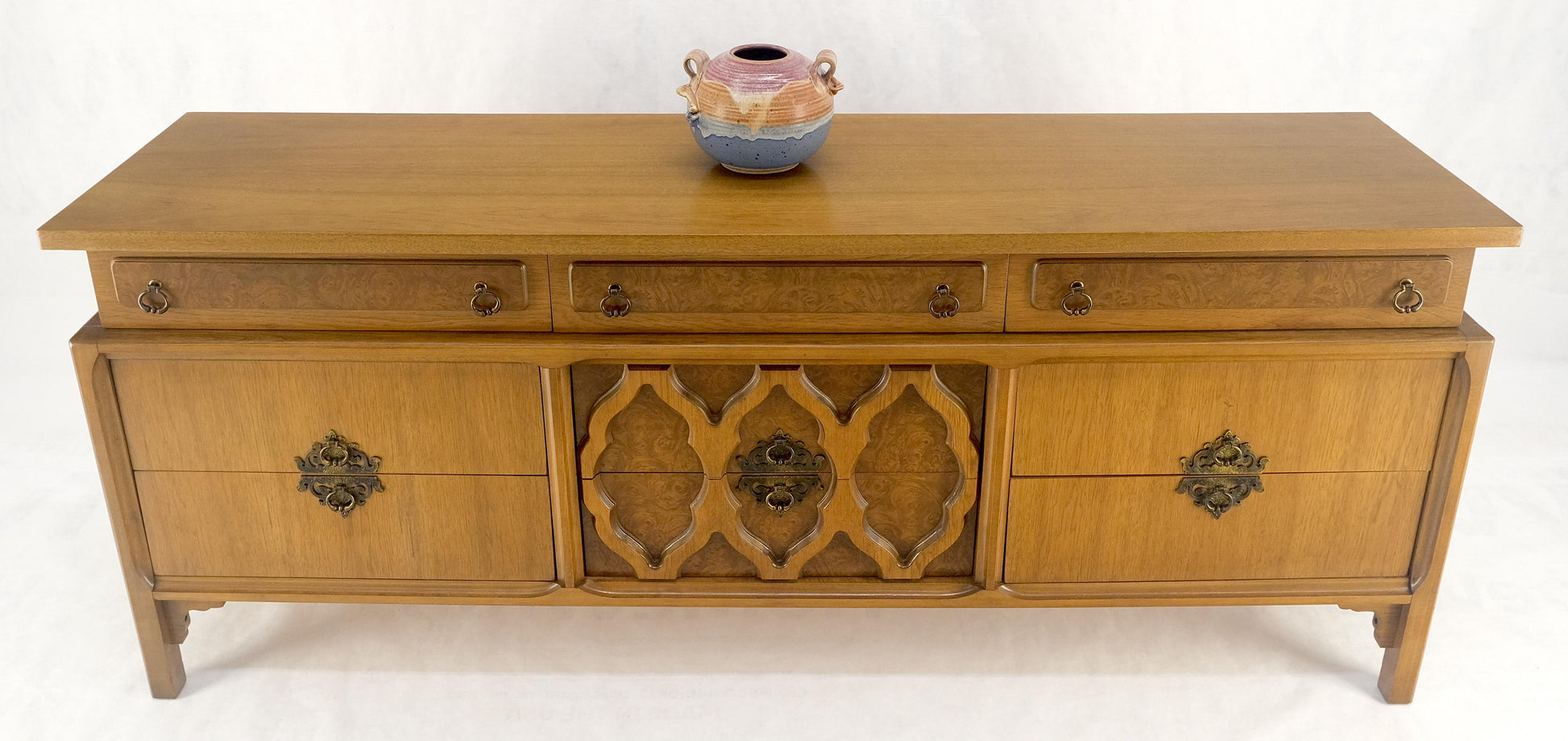 EstablishedLines Asian Inspired Light Walnut 9 Drawers Long Mid Century Dresser Credenza MINT!