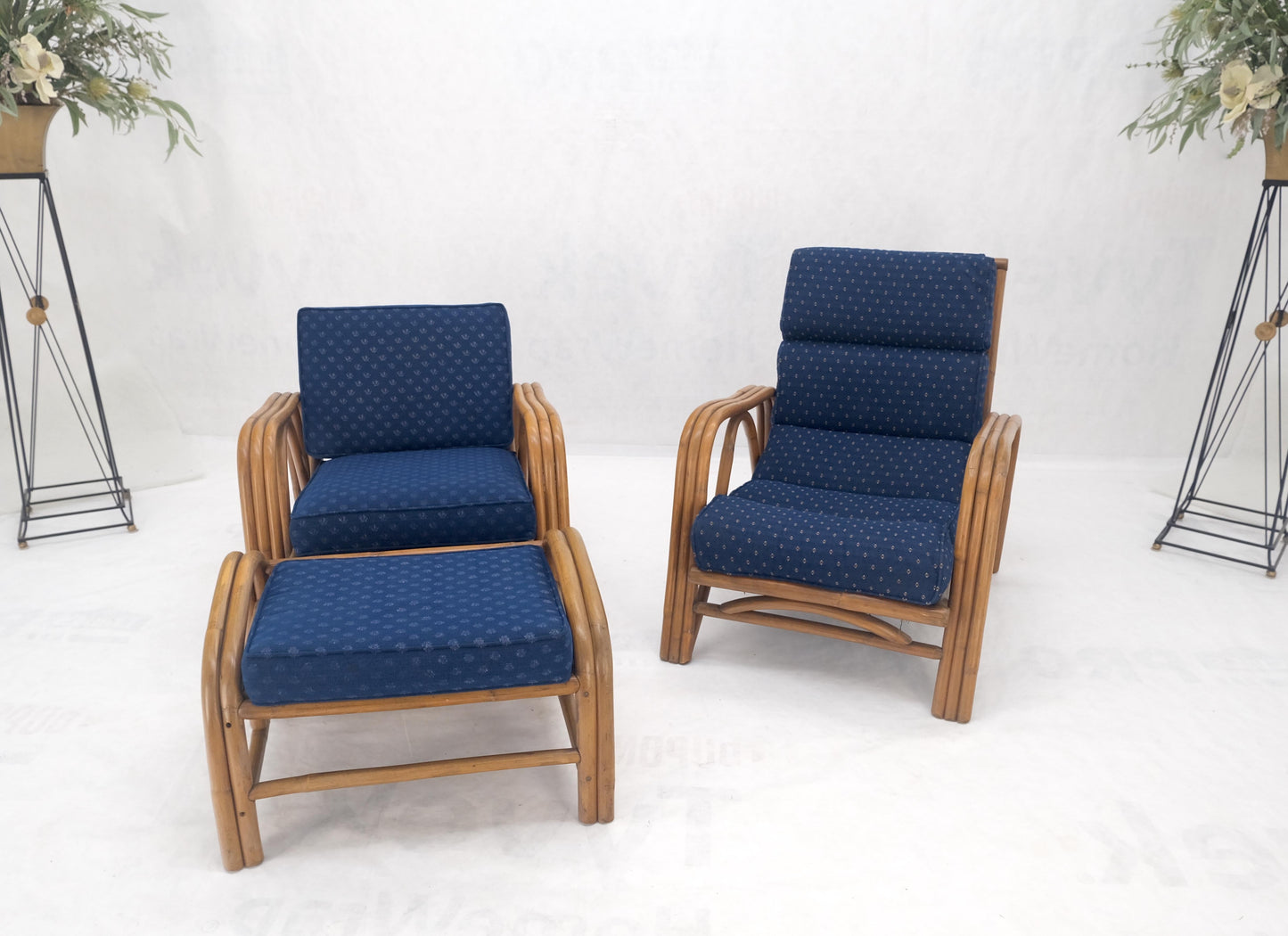 EstablishedLines Pair of His & Hers Rattan Bamboo Mid Century Modern Lounge Chairs Ottoman MINT!