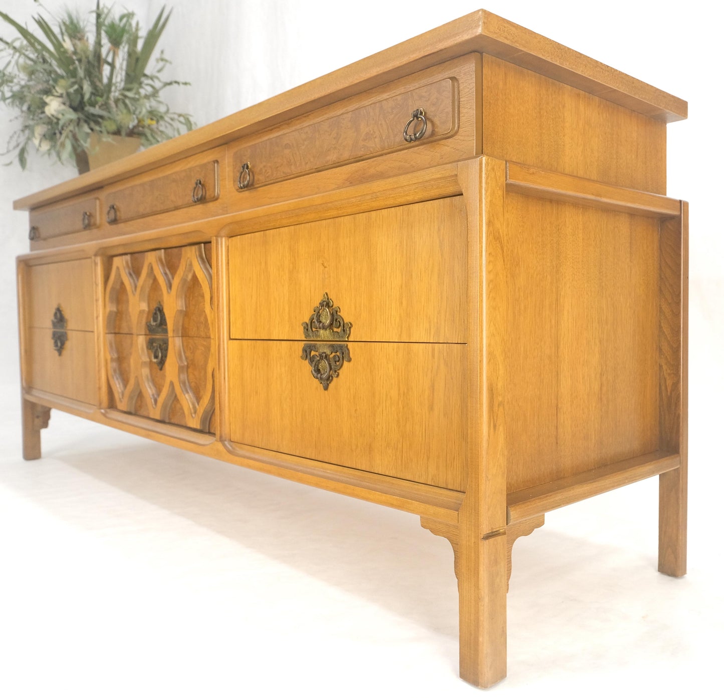 EstablishedLines Asian Inspired Light Walnut 9 Drawers Long Mid Century Dresser Credenza MINT!