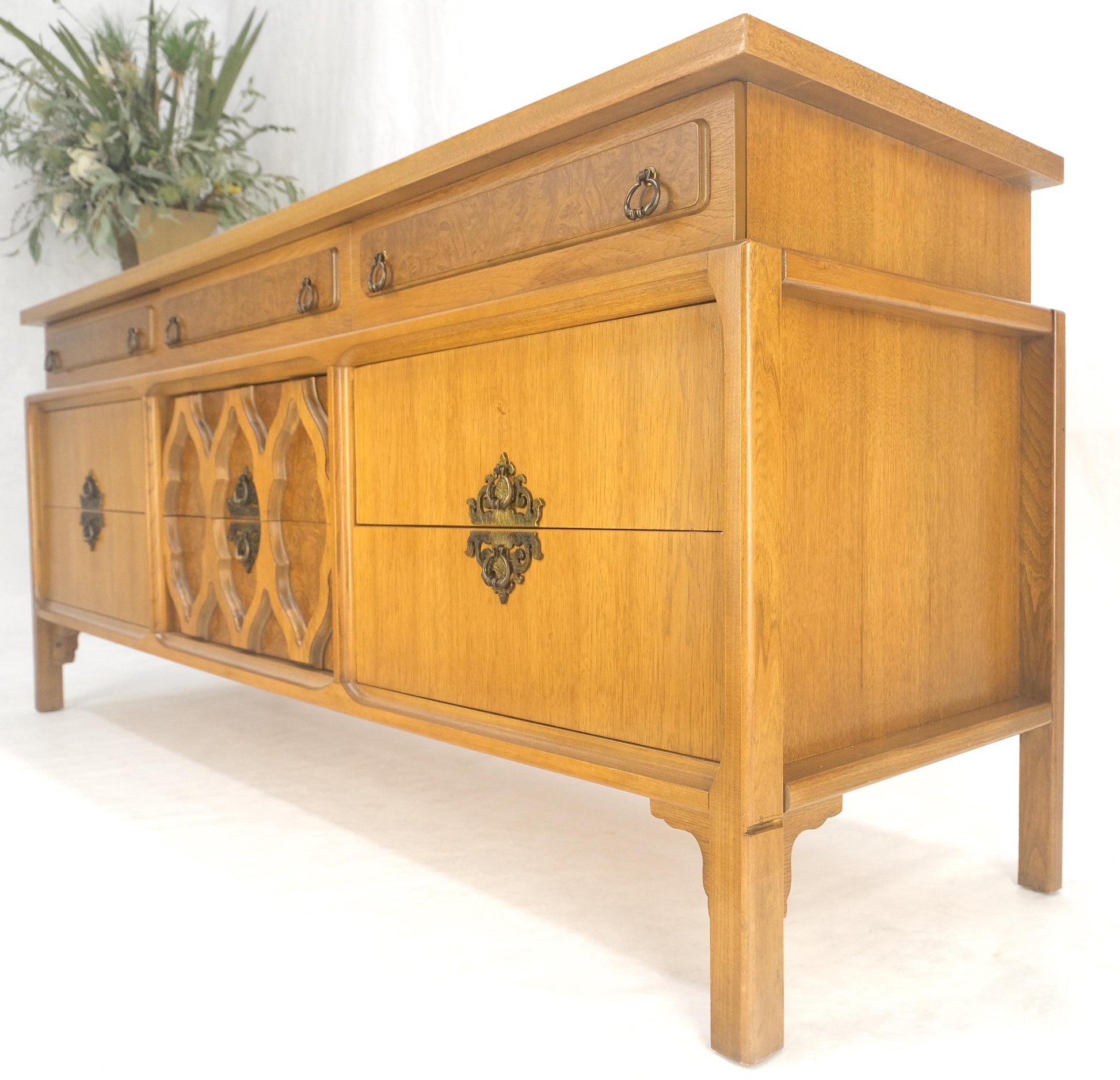 EstablishedLines Asian Inspired Light Walnut 9 Drawers Long Mid Century Dresser Credenza MINT!