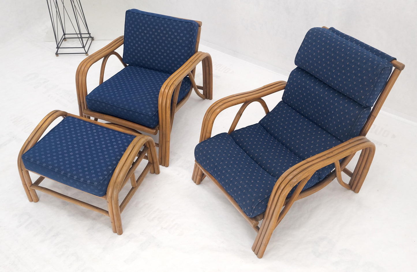 EstablishedLines Pair of His & Hers Rattan Bamboo Mid Century Modern Lounge Chairs Ottoman MINT!