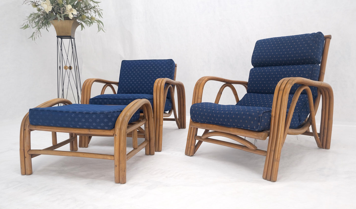 EstablishedLines Pair of His & Hers Rattan Bamboo Mid Century Modern Lounge Chairs Ottoman MINT!