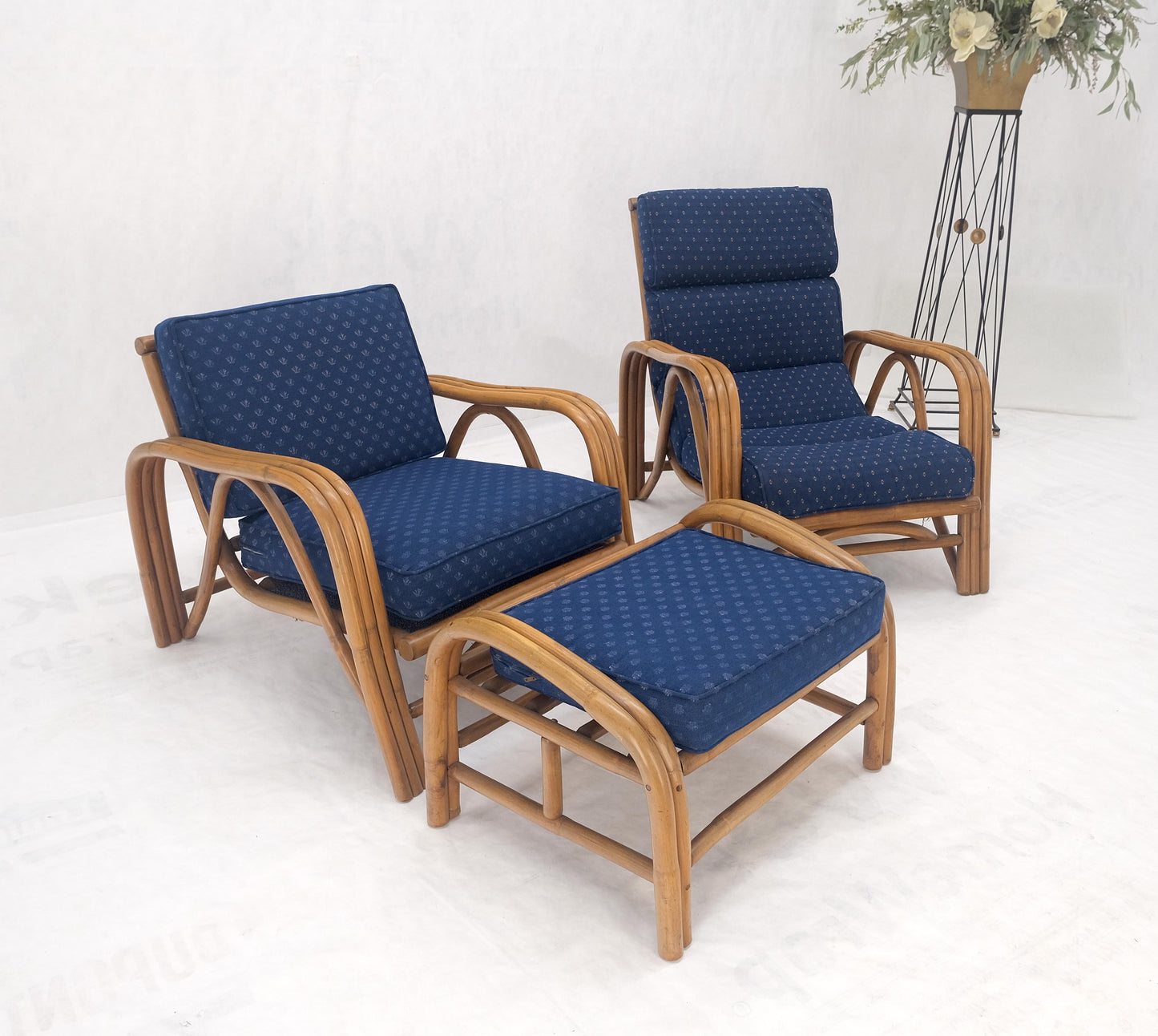EstablishedLines Pair of His & Hers Rattan Bamboo Mid Century Modern Lounge Chairs Ottoman MINT!