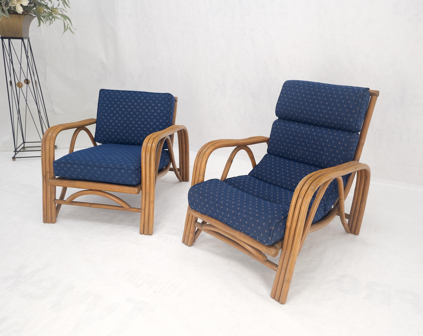 EstablishedLines Pair of His & Hers Rattan Bamboo Mid Century Modern Lounge Chairs Ottoman MINT!