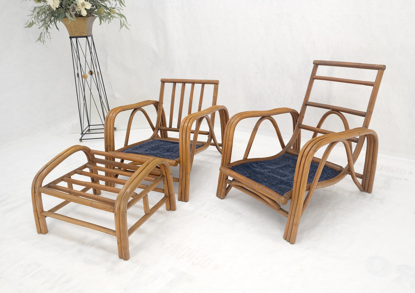 EstablishedLines Pair of His & Hers Rattan Bamboo Mid Century Modern Lounge Chairs Ottoman MINT!