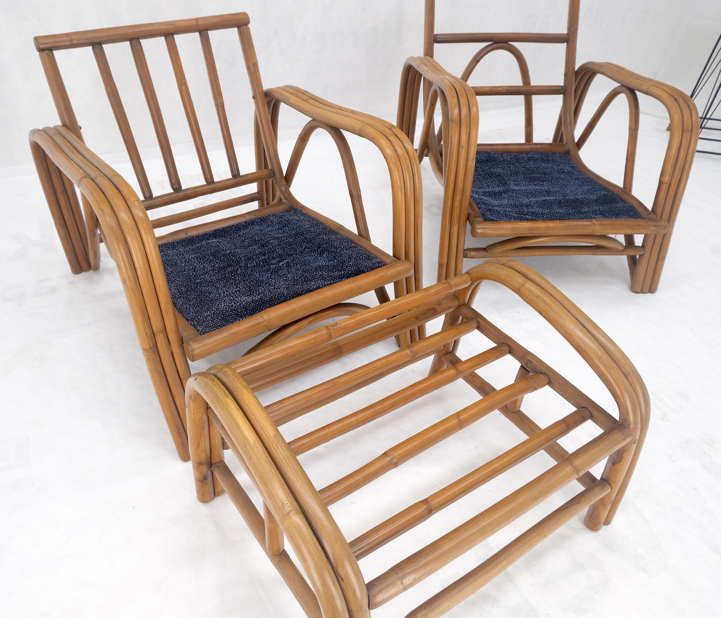 EstablishedLines Pair of His & Hers Rattan Bamboo Mid Century Modern Lounge Chairs Ottoman MINT!