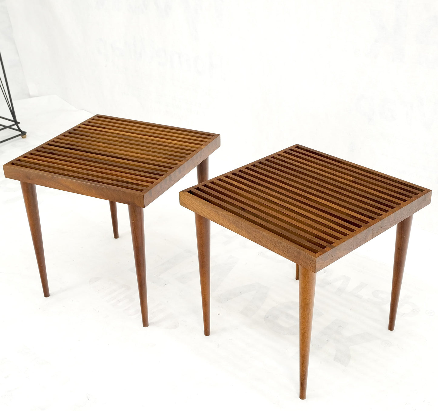 EstablishedLines Pair Square Mel Smilow Slatted Solid Walnut Modern Benches Side Tables MINT!