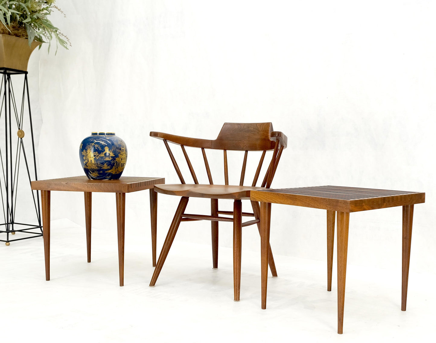 EstablishedLines Pair Square Mel Smilow Slatted Solid Walnut Modern Benches Side Tables MINT!