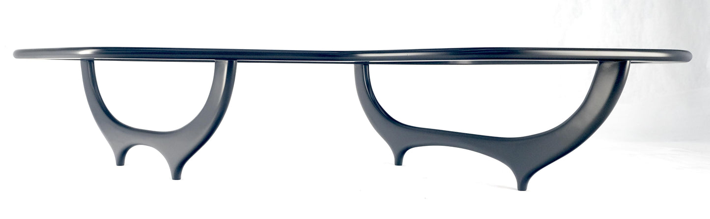 EstablishedLines Black Lacquer Boomerang Shape Glass Top Italian Mid Century Modern Coffee Table