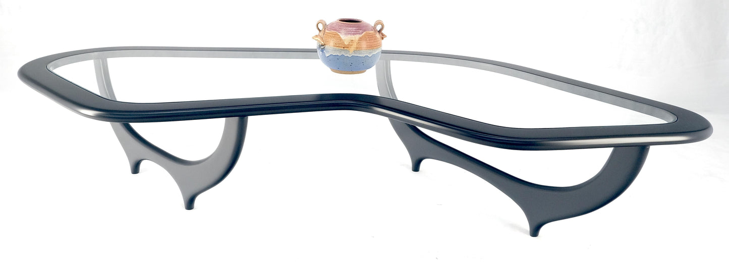 EstablishedLines Black Lacquer Boomerang Shape Glass Top Italian Mid Century Modern Coffee Table