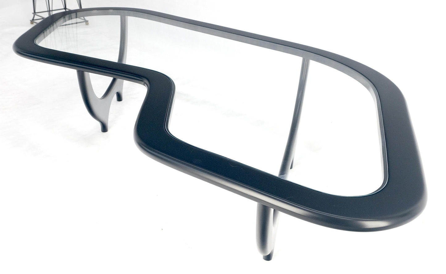EstablishedLines Black Lacquer Boomerang Shape Glass Top Italian Mid Century Modern Coffee Table