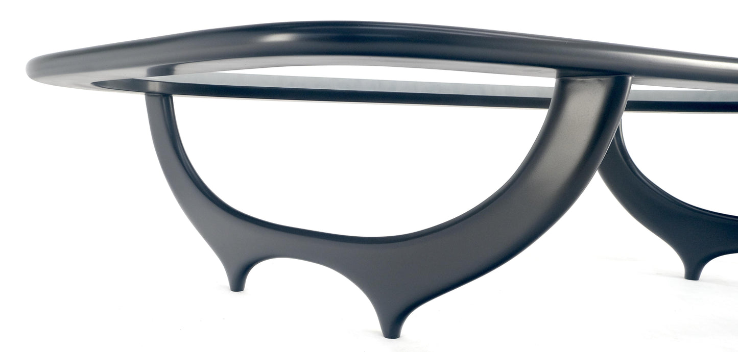 EstablishedLines Black Lacquer Boomerang Shape Glass Top Italian Mid Century Modern Coffee Table