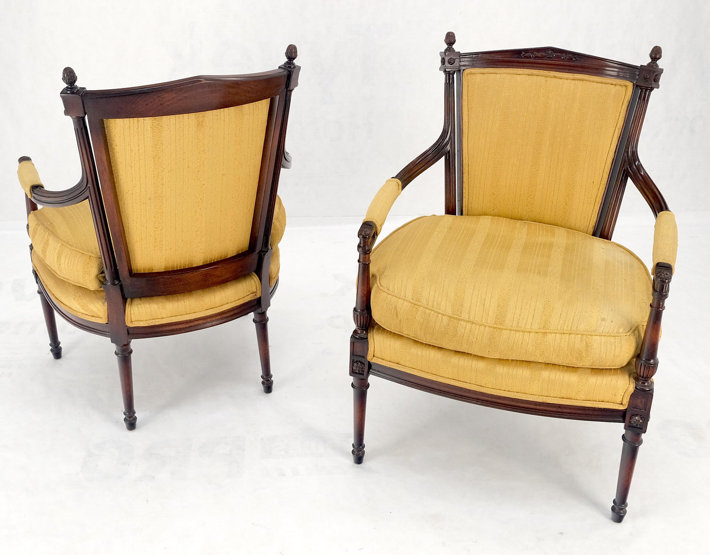 EstablishedLines Pair Gold Silk Upholstery Fine Carved Acorn Finials Lounge Fireside Chairs MINT!
