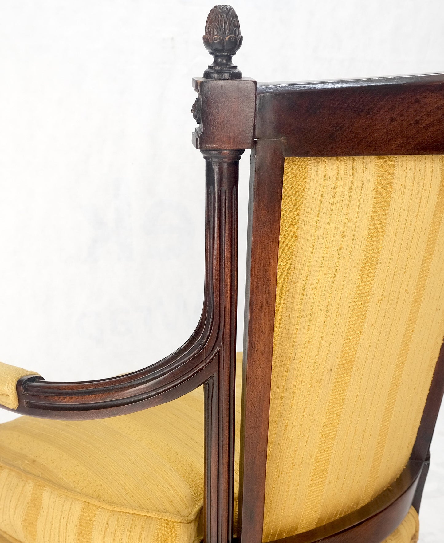 EstablishedLines Pair Gold Silk Upholstery Fine Carved Acorn Finials Lounge Fireside Chairs MINT!