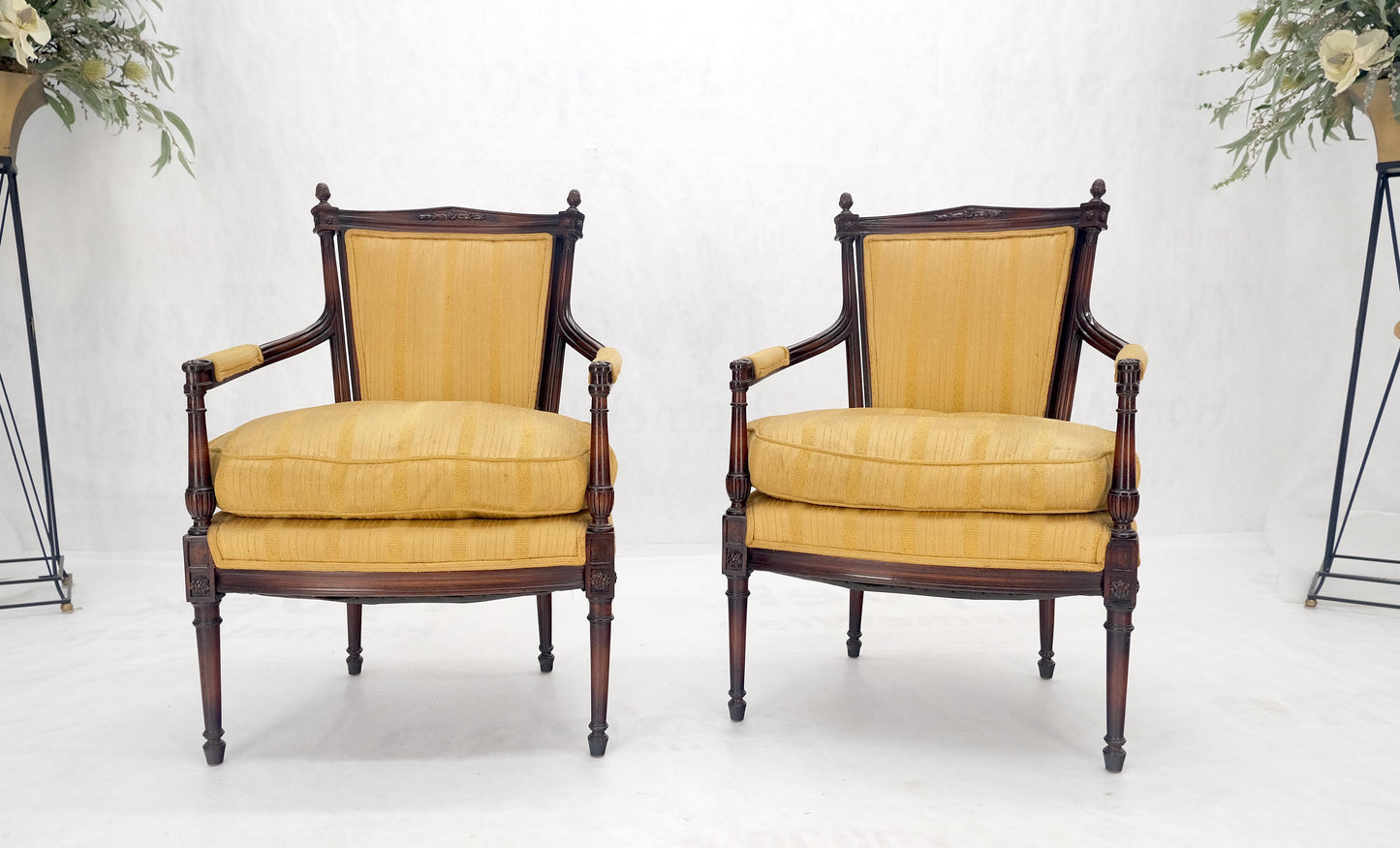 EstablishedLines Pair Gold Silk Upholstery Fine Carved Acorn Finials Lounge Fireside Chairs MINT!