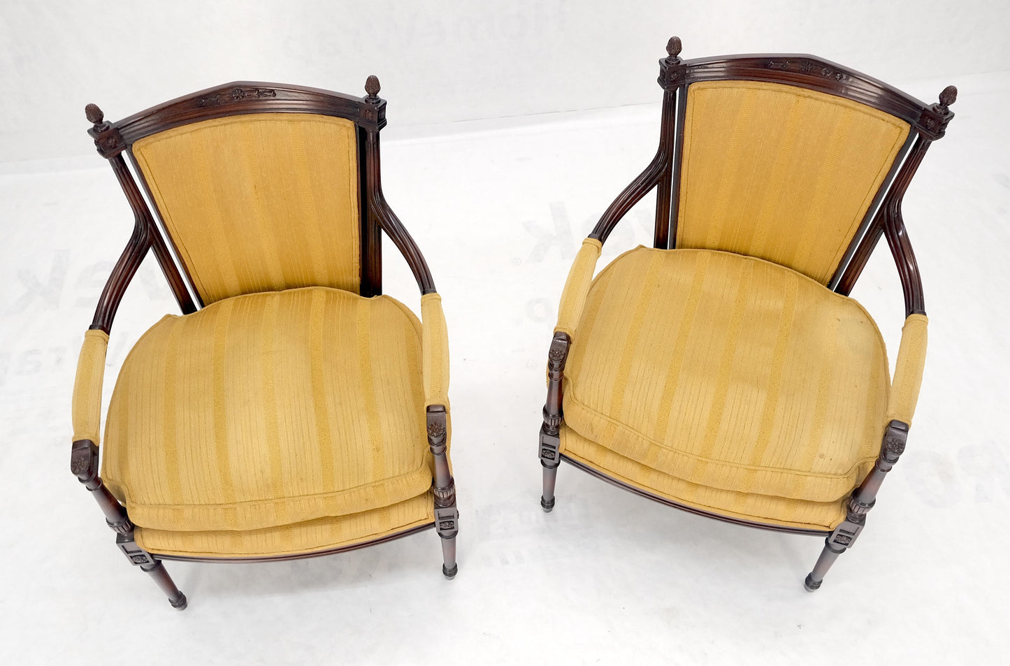 EstablishedLines Pair Gold Silk Upholstery Fine Carved Acorn Finials Lounge Fireside Chairs MINT!