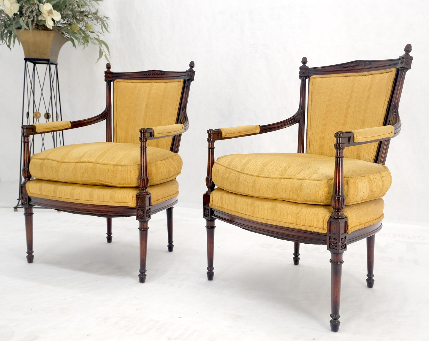 EstablishedLines Pair Gold Silk Upholstery Fine Carved Acorn Finials Lounge Fireside Chairs MINT!