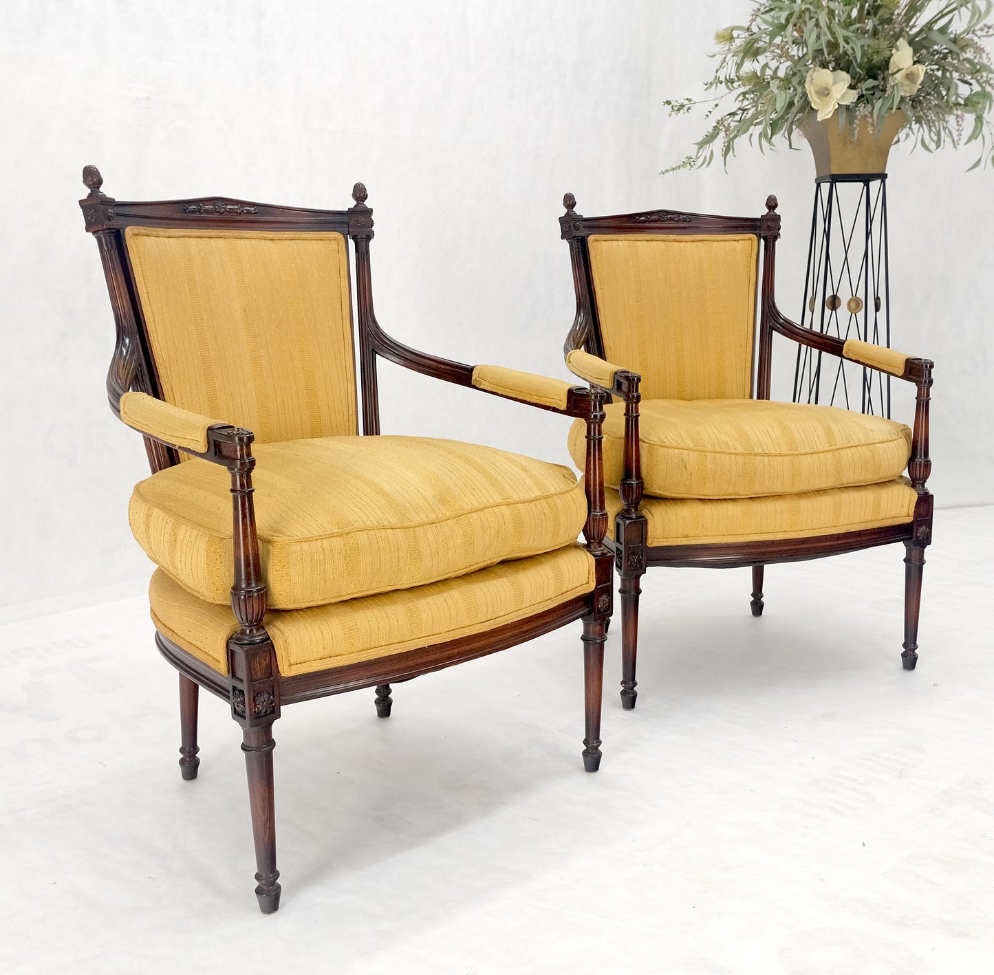 EstablishedLines Pair Gold Silk Upholstery Fine Carved Acorn Finials Lounge Fireside Chairs MINT!