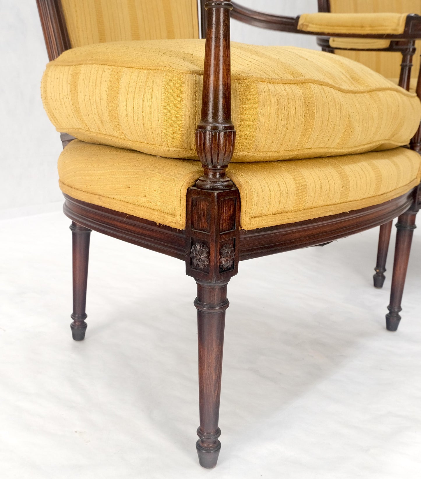 EstablishedLines Pair Gold Silk Upholstery Fine Carved Acorn Finials Lounge Fireside Chairs MINT!