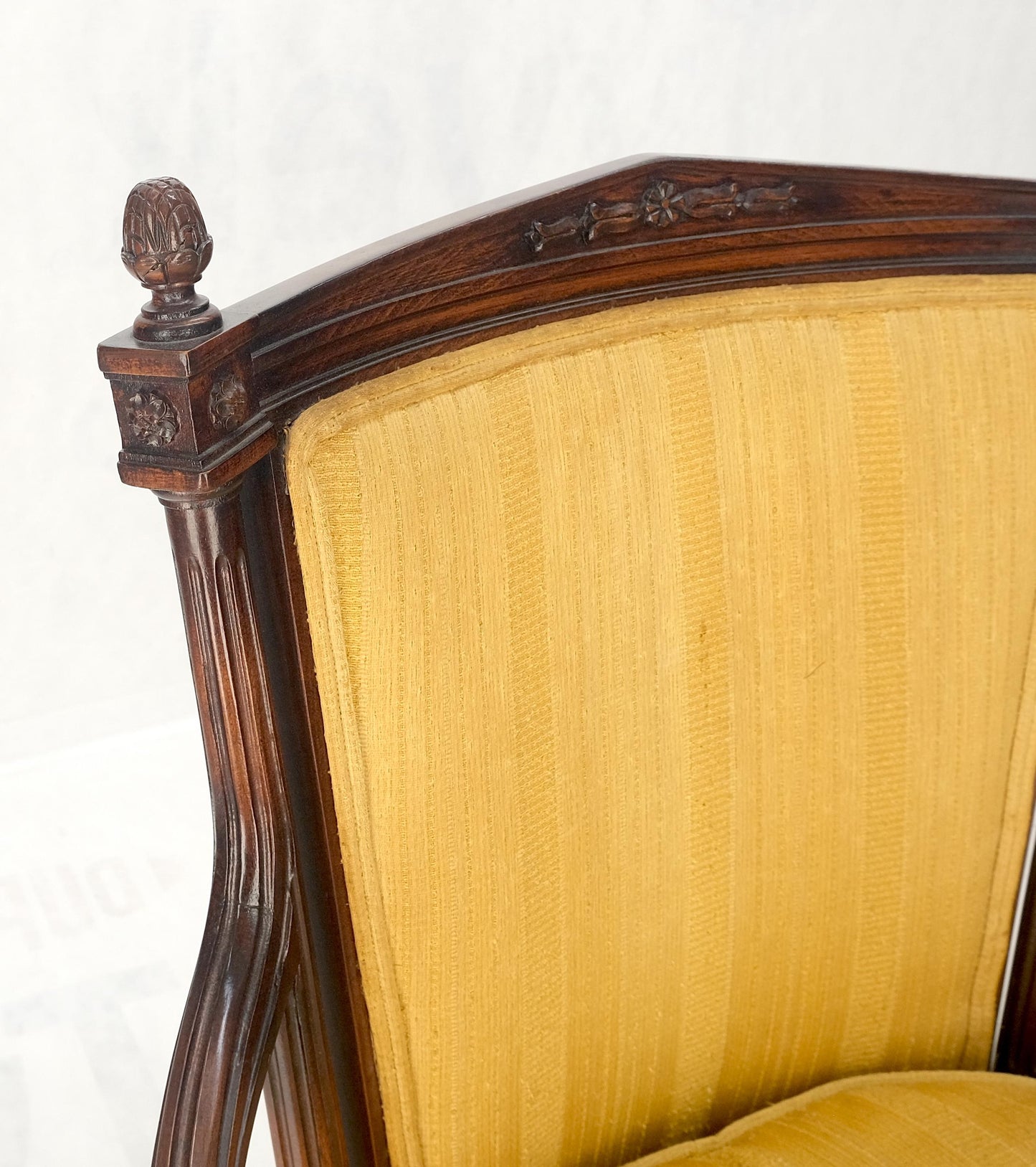 EstablishedLines Pair Gold Silk Upholstery Fine Carved Acorn Finials Lounge Fireside Chairs MINT!
