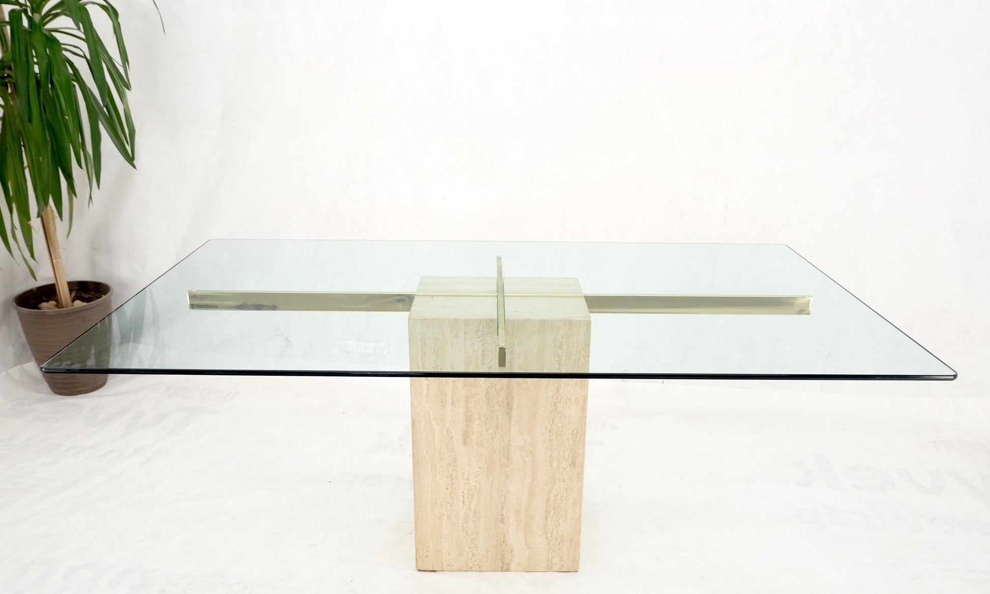 EstablishedLines Italian Single Travertine Pedestal Glass Top Dining Conference  Table