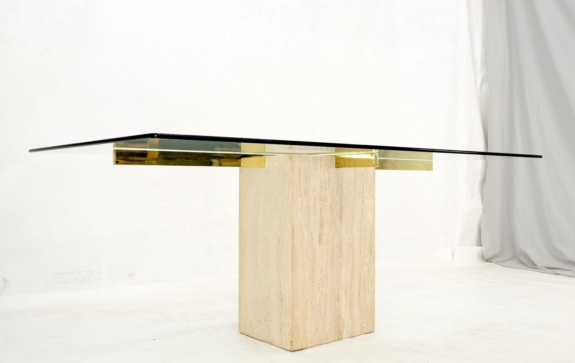 EstablishedLines Italian Single Travertine Pedestal Glass Top Dining Conference  Table