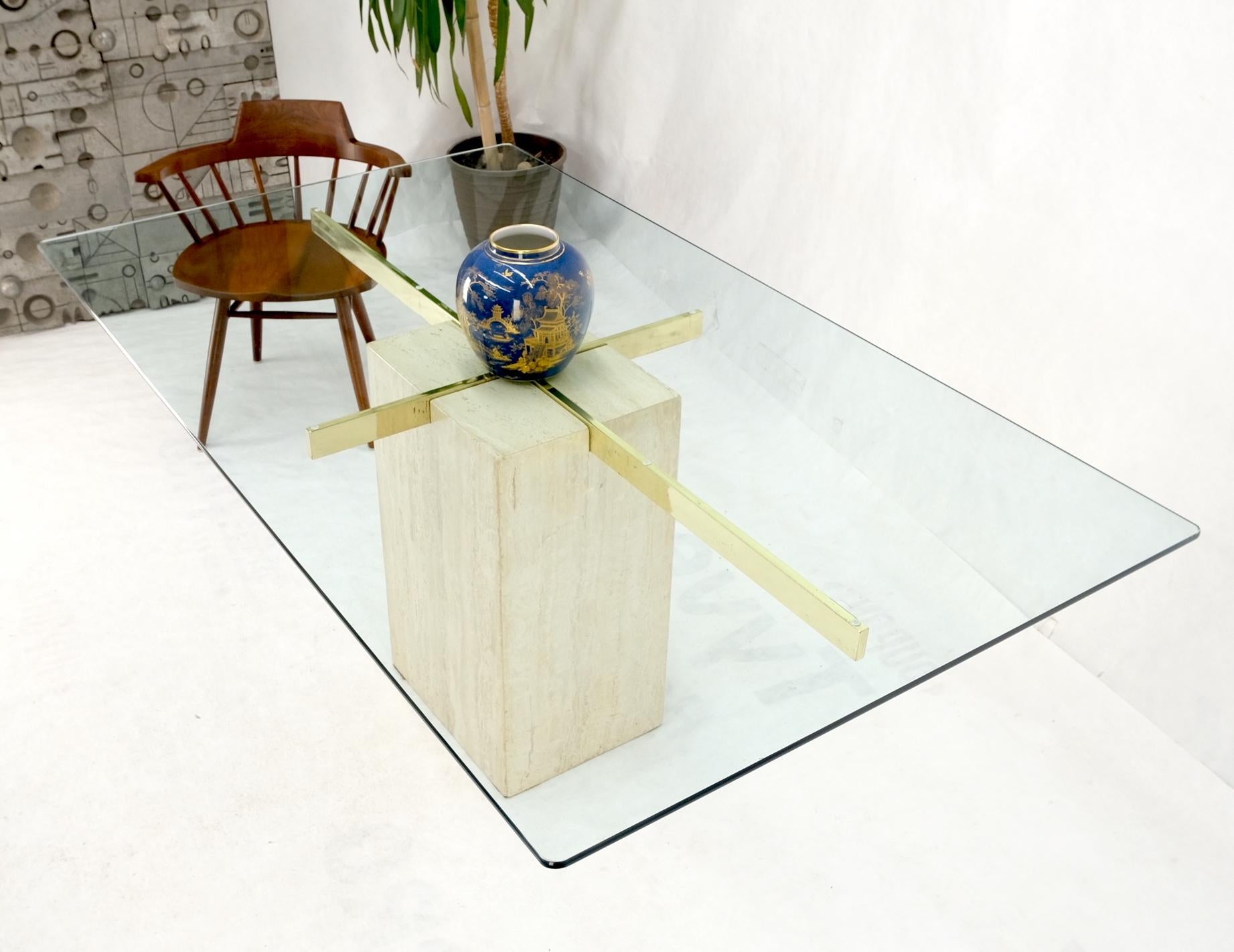 EstablishedLines Italian Single Travertine Pedestal Glass Top Dining Conference  Table