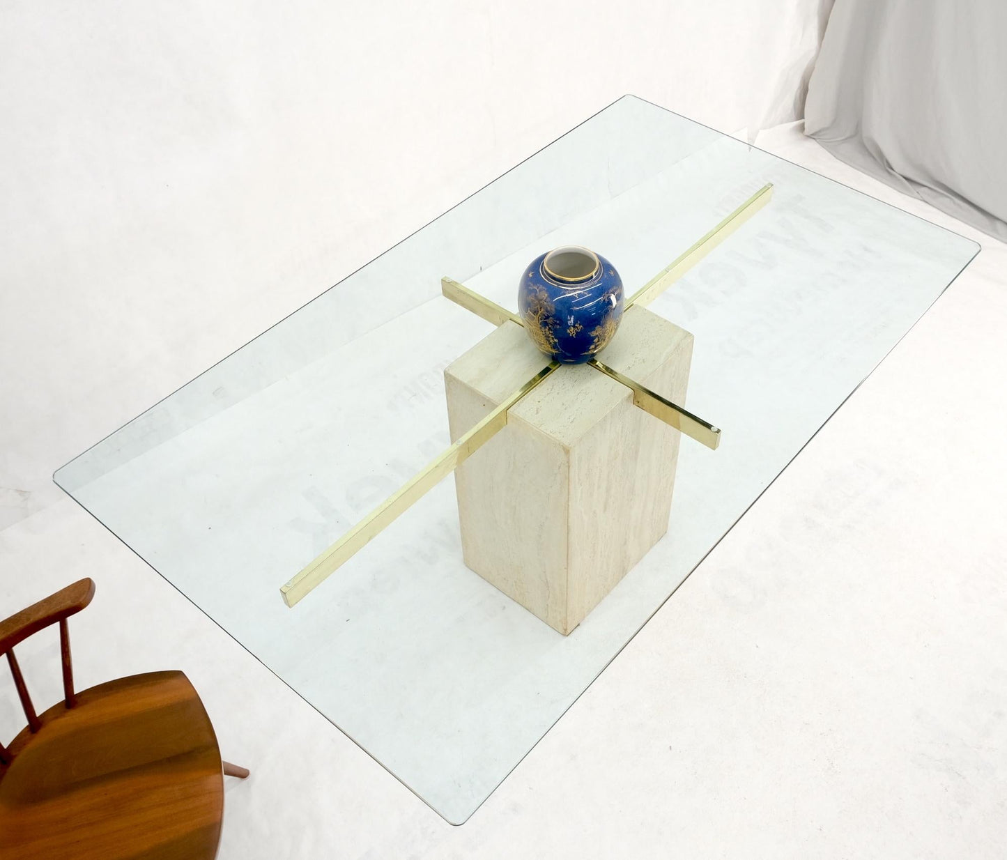 EstablishedLines Italian Single Travertine Pedestal Glass Top Dining Conference  Table