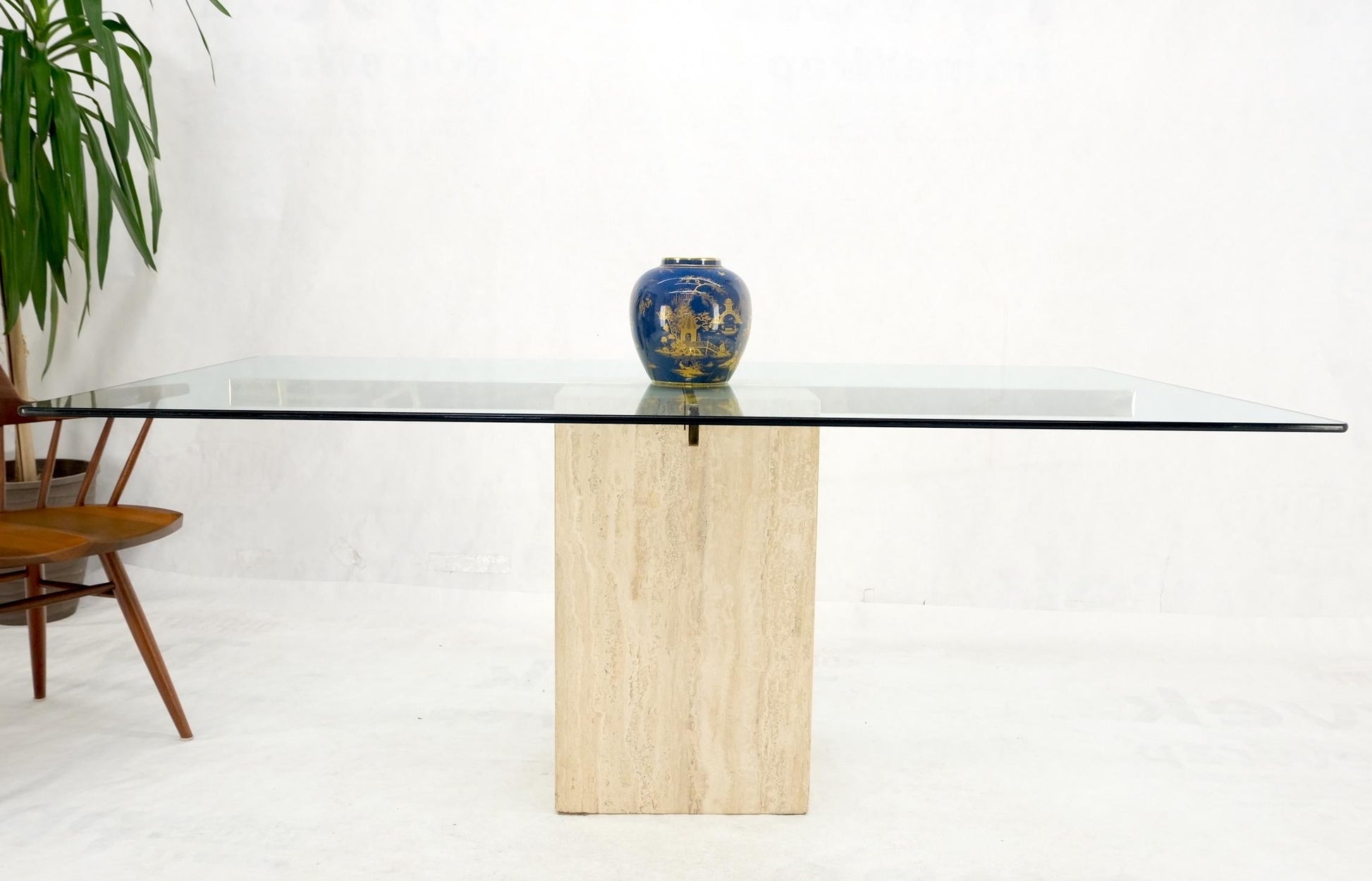EstablishedLines Italian Single Travertine Pedestal Glass Top Dining Conference  Table