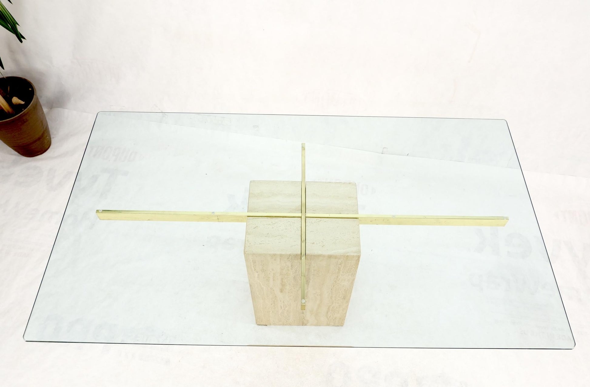 EstablishedLines Italian Single Travertine Pedestal Glass Top Dining Conference  Table