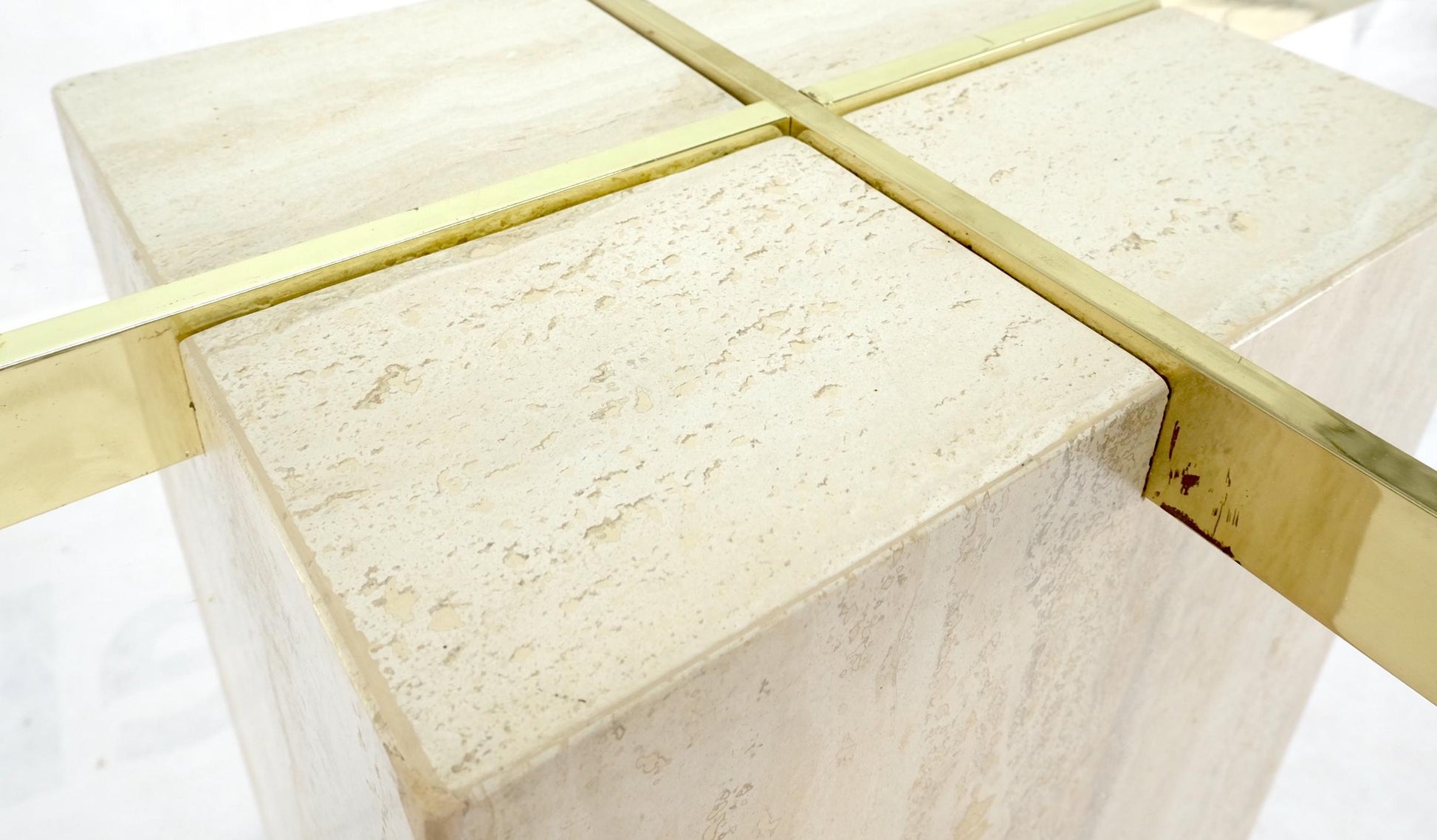 EstablishedLines Italian Single Travertine Pedestal Glass Top Dining Conference  Table