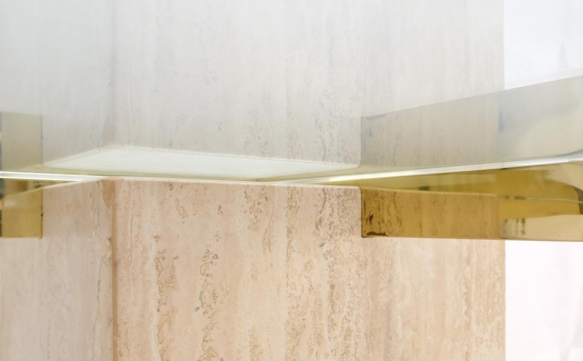 EstablishedLines Italian Single Travertine Pedestal Glass Top Dining Conference  Table