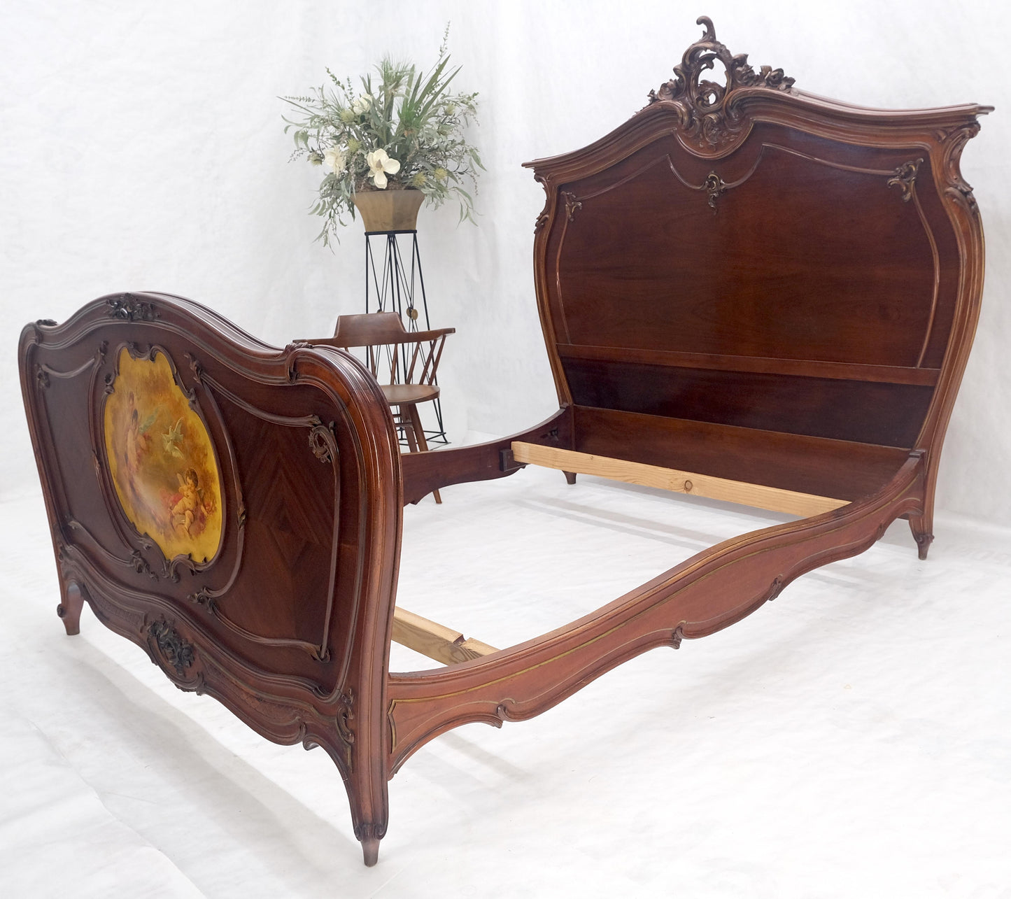 EstablishedLines Hand Paint Decorated Plaque Carved Walnut Queen Size French Bed Headboard Rails