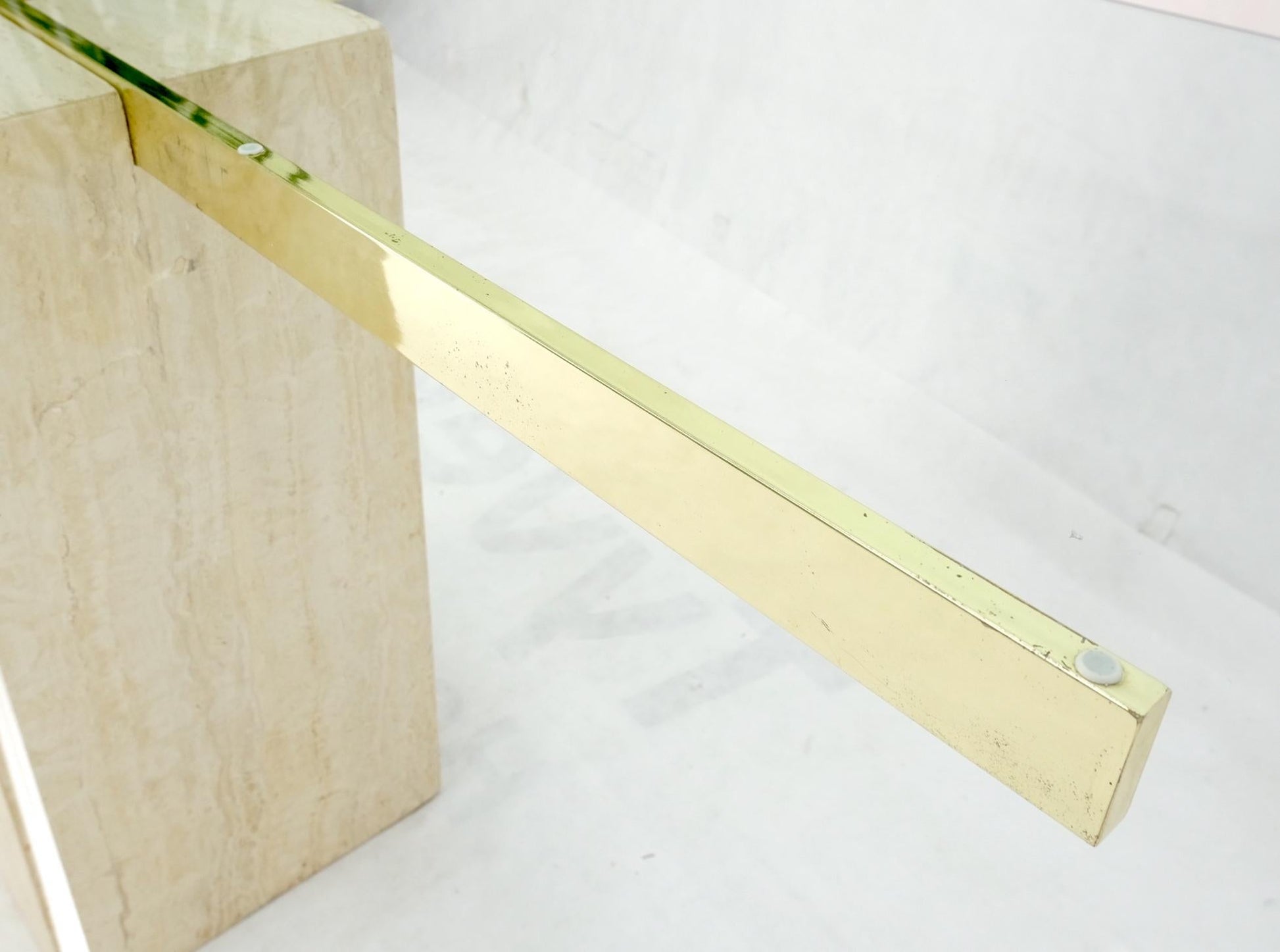 EstablishedLines Italian Single Travertine Pedestal Glass Top Dining Conference  Table