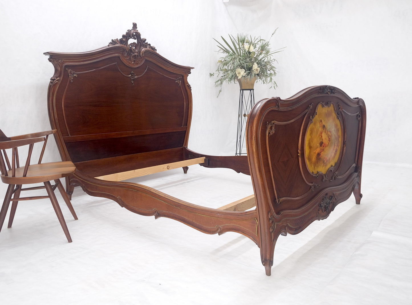 EstablishedLines Hand Paint Decorated Plaque Carved Walnut Queen Size French Bed Headboard Rails