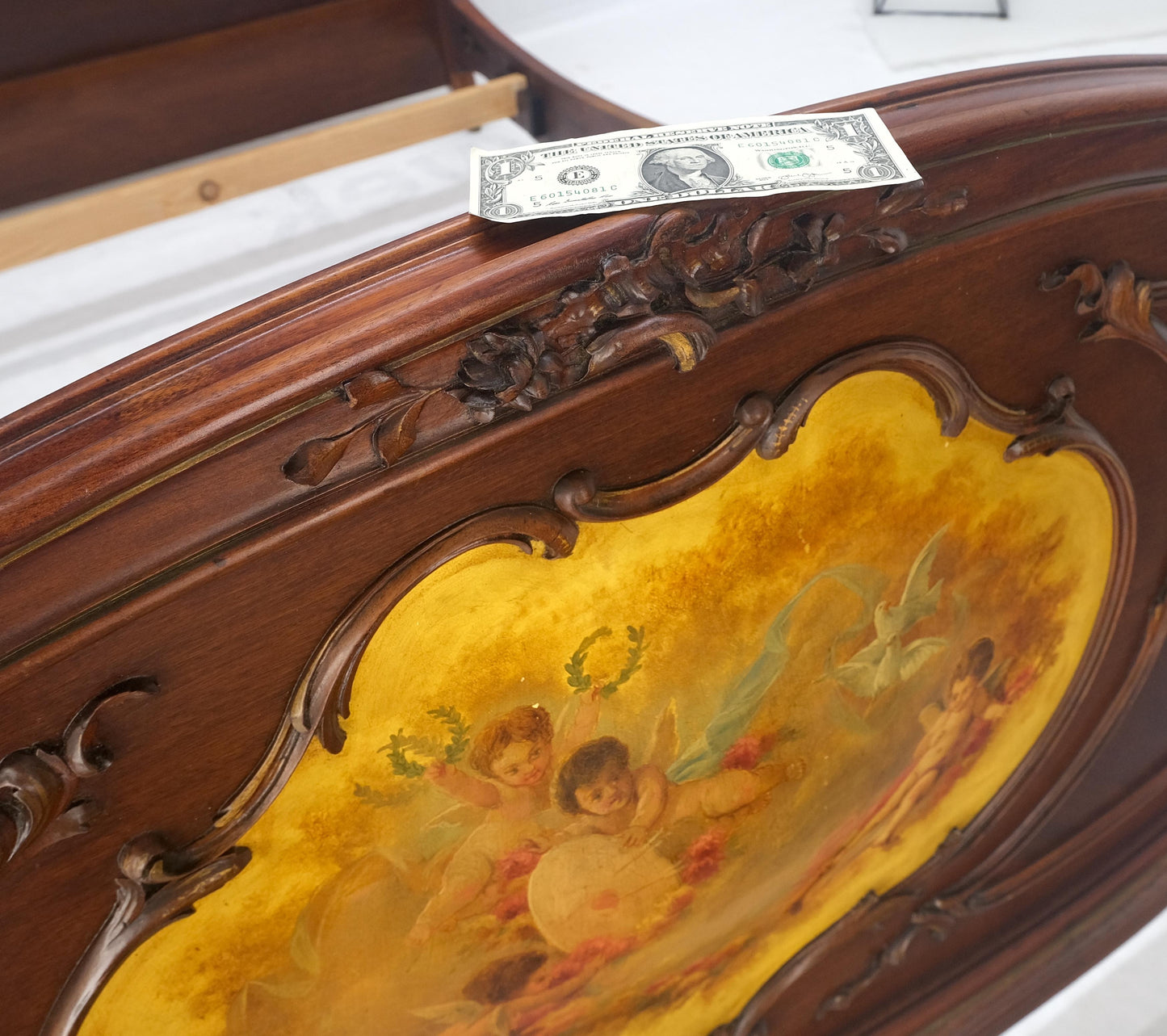 EstablishedLines Hand Paint Decorated Plaque Carved Walnut Queen Size French Bed Headboard Rails