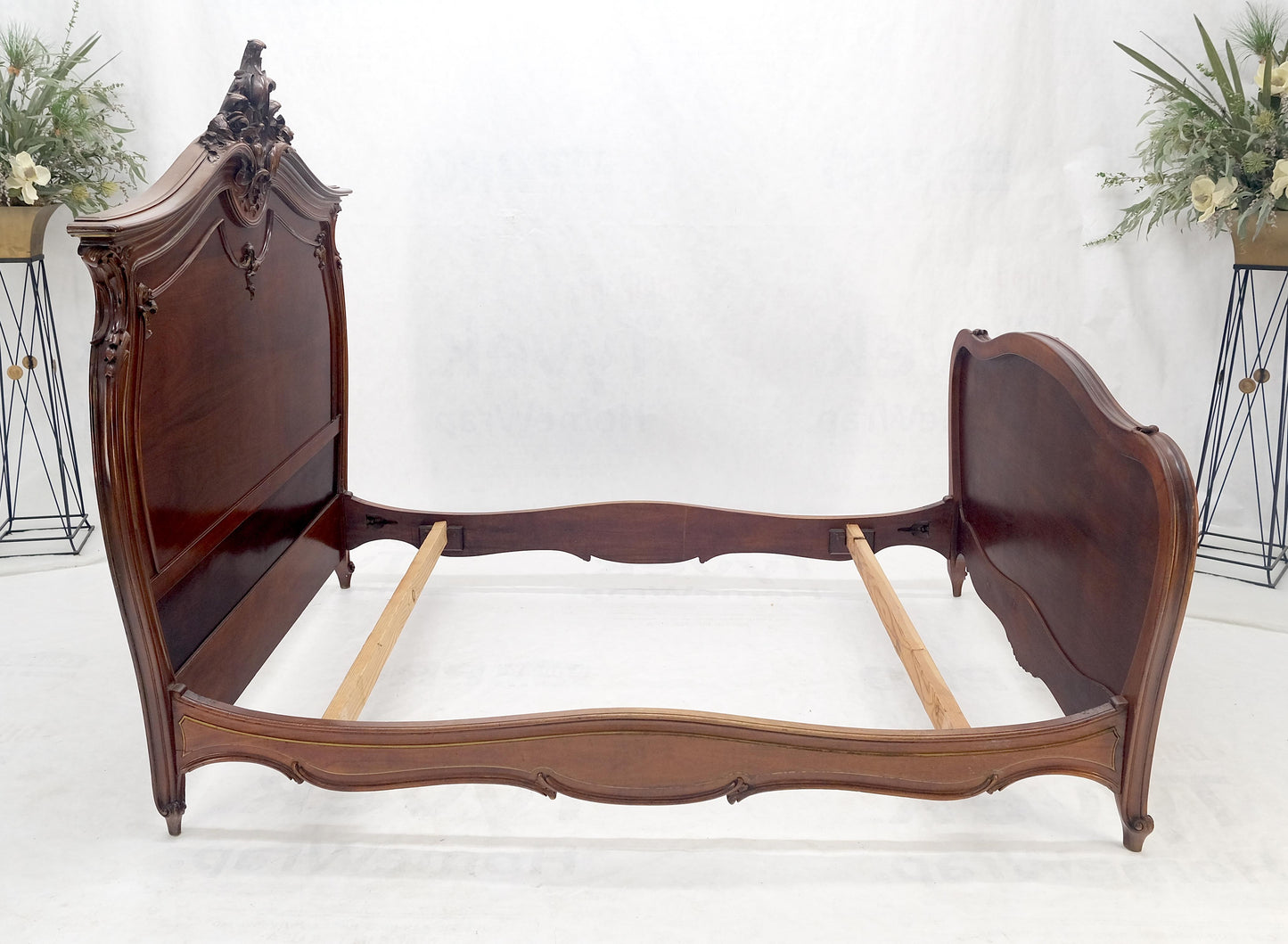 EstablishedLines Hand Paint Decorated Plaque Carved Walnut Queen Size French Bed Headboard Rails